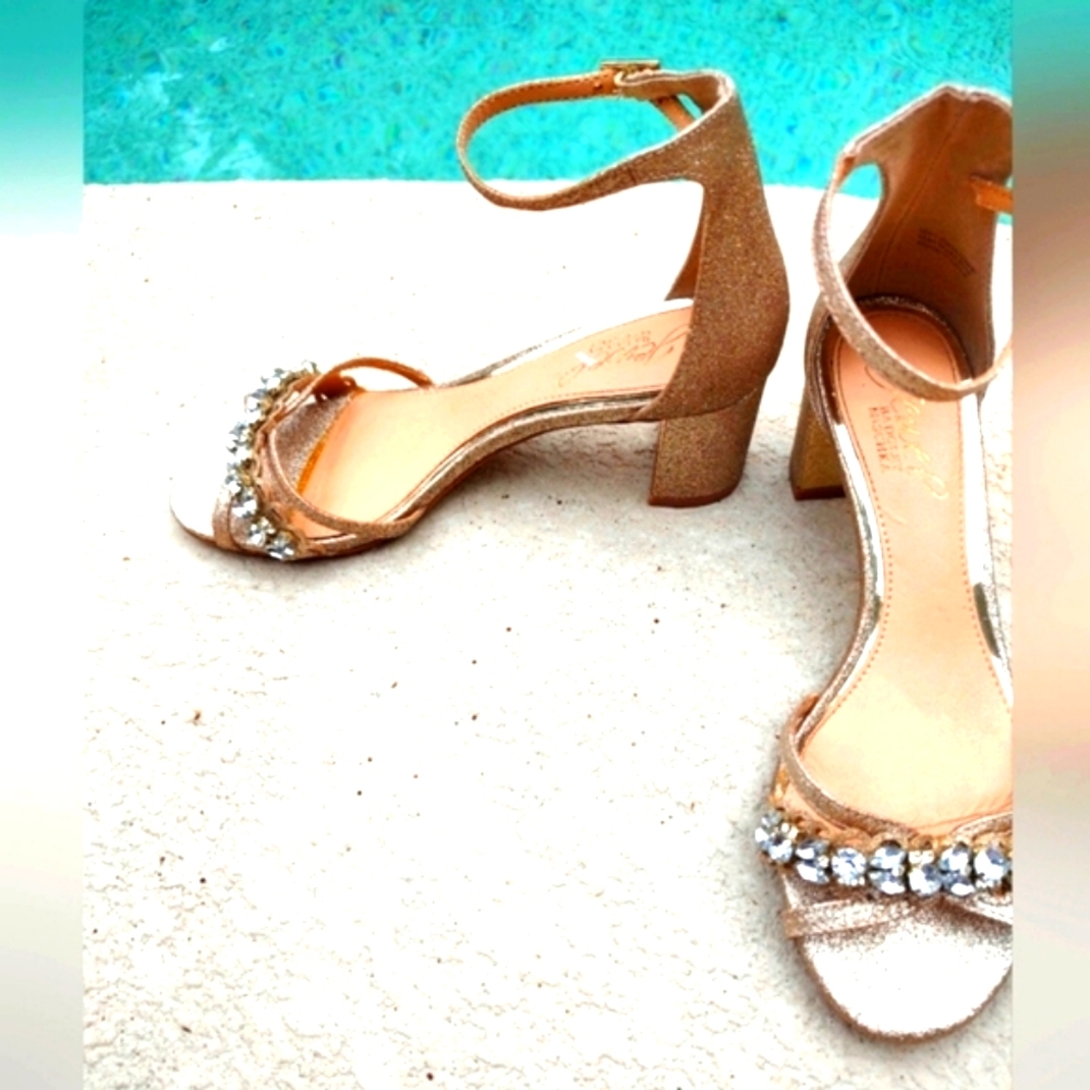 Jewel By Badgley Mishka Gold Rhinestone Embellished Block Heel Sandal